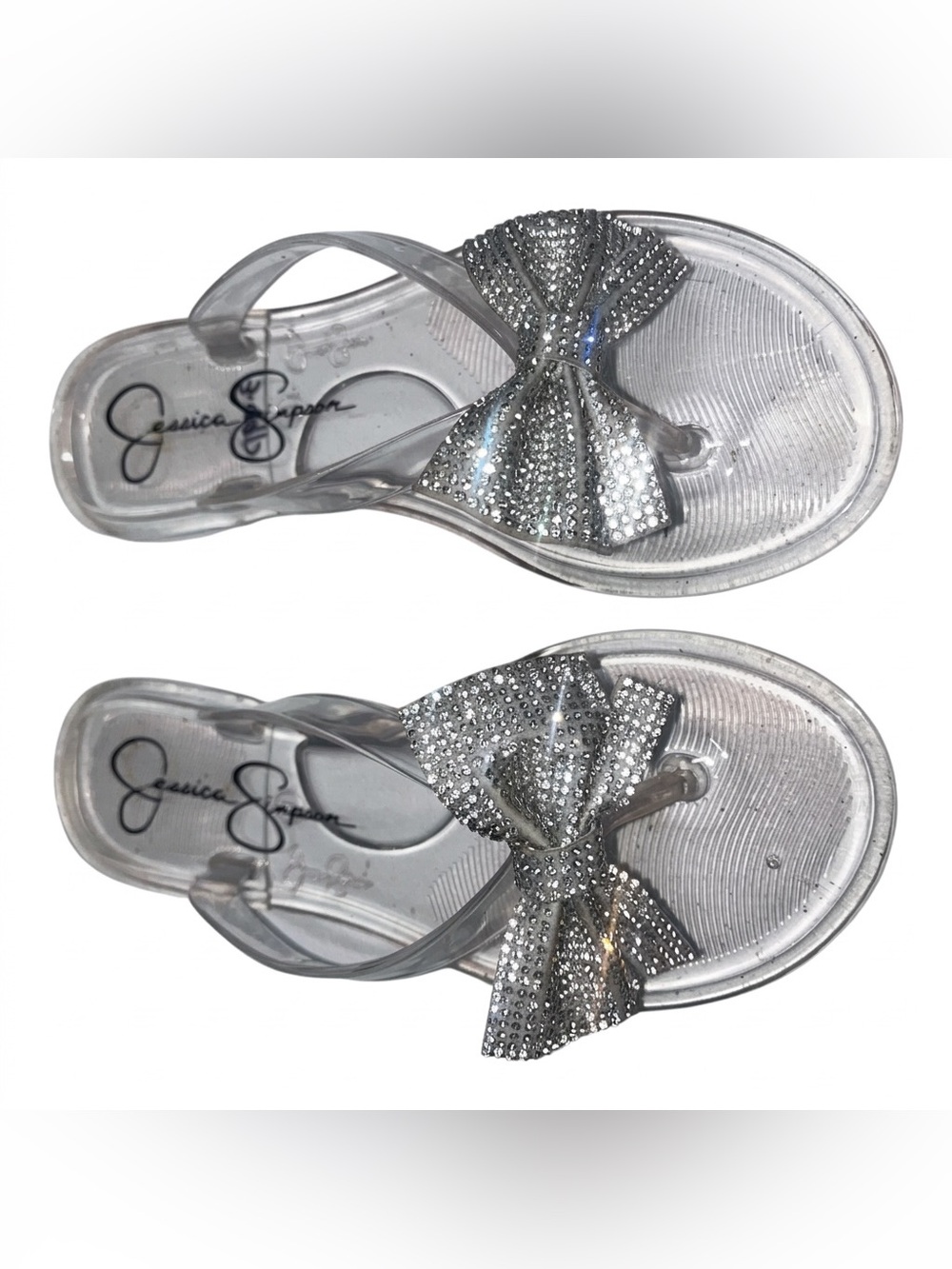 Jessica Simpson Clear Silver Bow Jelly Thong Sandals Youth Size 3
